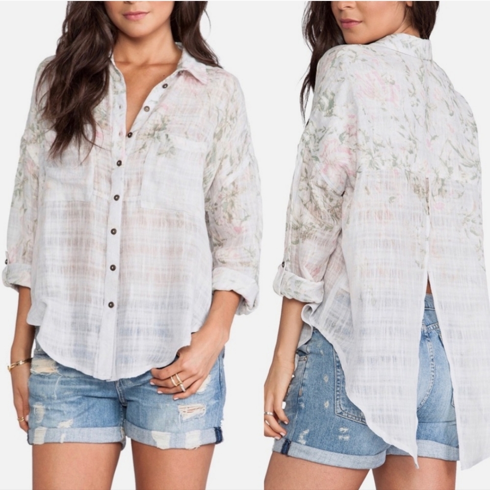 Free People Split Back Gauze Button Down Top